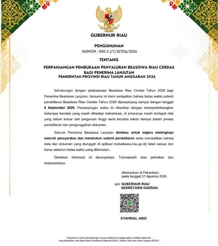 Pengajuan Beasiswa Riau Cerdas Diperpanjang, Batas Akhir 8 September 2026